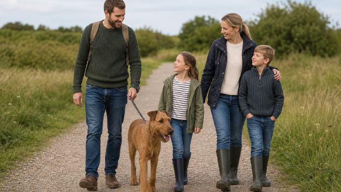 Irish Terrier walking on a leash beside a family on a wide gravel path