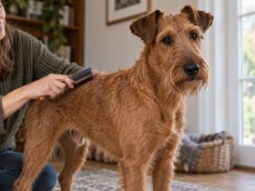 An Irish Terrier standing near a window while its owner brushes its wiry red coat