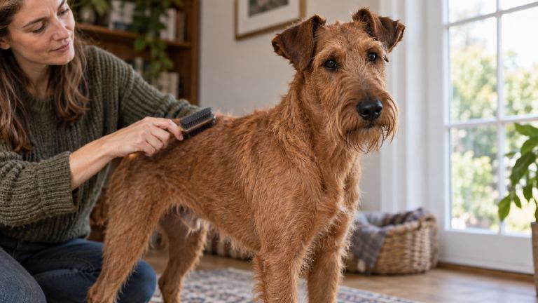 An Irish Terrier standing near a window while its owner brushes its wiry red coat