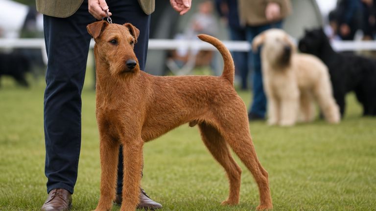 Irish Terrier standing with its handler at an outdoor dog show, other dogs blurred in the background