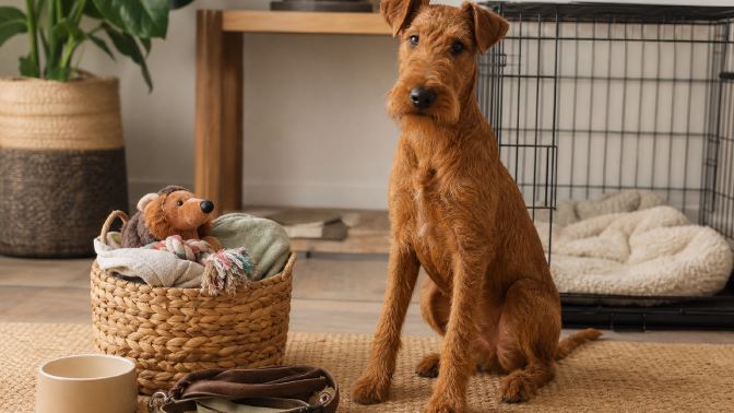 A wire-coated red terrier sitting beside a crate and a basket of new dog supplies at home