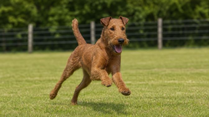 A red Irish Terrier running at full speed across a fenced grass field