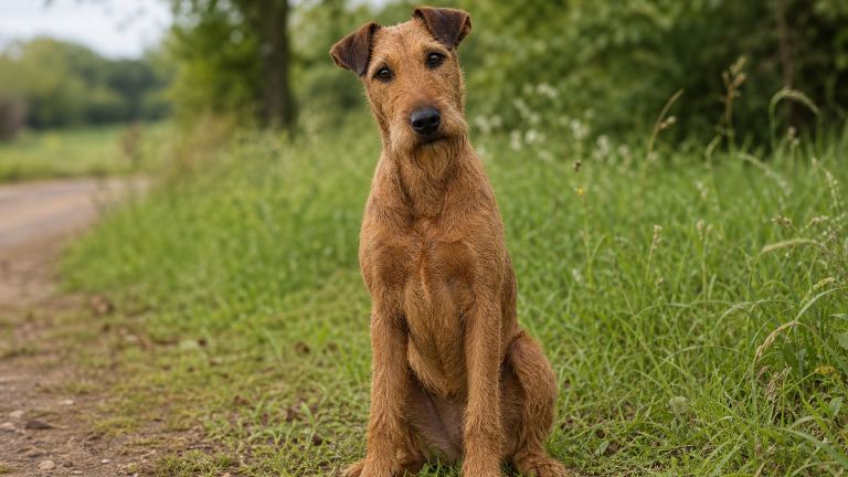 Irish Terrier sitting and facing the camera with its head tilted slightly