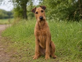 Irish Terrier sitting and facing the camera with its head tilted slightly