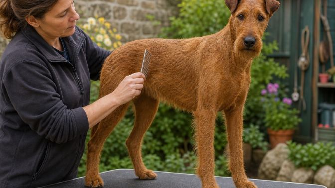 A red Irish Terrier standing on a grooming table while a groomer works a comb through its wiry coat