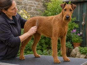 A red Irish Terrier standing on a grooming table while a groomer works a comb through its wiry coat
