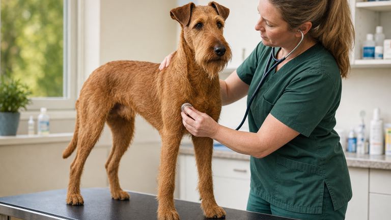 An adult Irish Terrier being examined on a table at a veterinary clinic