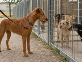 Adult Irish Terrier looking through a wire fence at an animal rescue facility