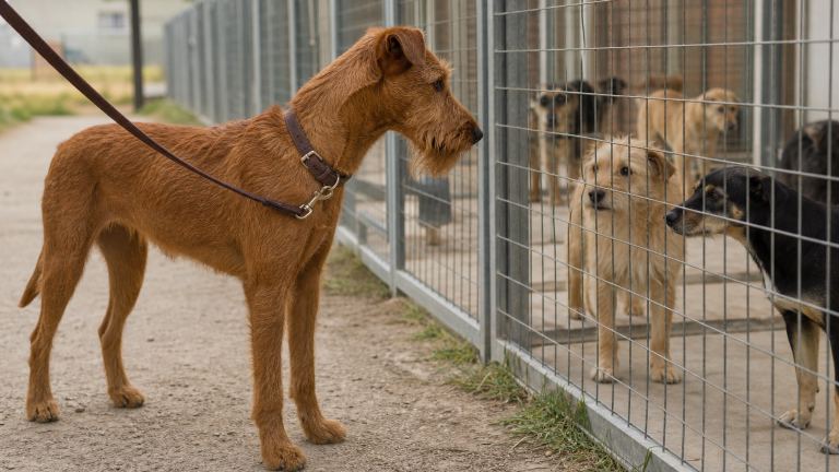 Adult Irish Terrier looking through a wire fence at an animal rescue facility