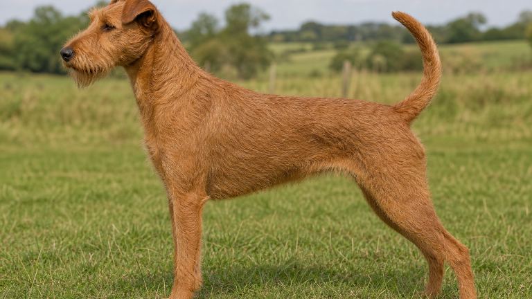 Full side profile of an Irish Terrier standing on grass, showing long legs and a racy outline