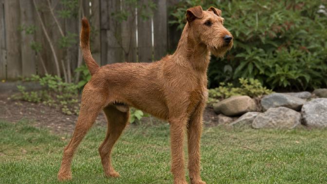 Irish Terrier standing alert in a backyard, ears folded forward, watching something out of frame