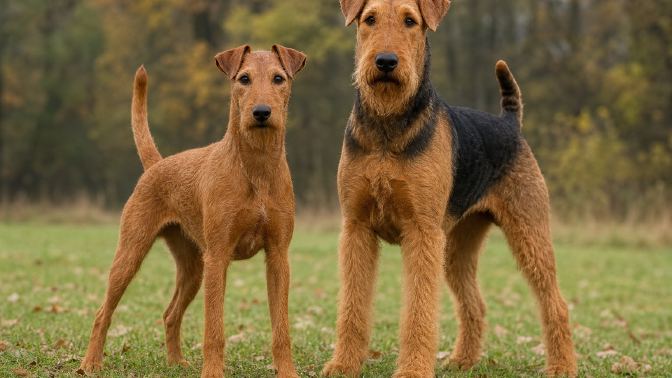 Irish Terrier and larger black-and-tan Airedale Terrier standing side by side in a park