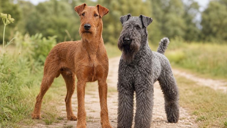 Red Irish Terrier and blue-gray Kerry Blue Terrier standing together on a path