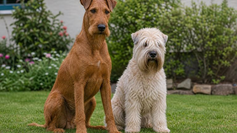 Red Irish Terrier sitting beside a pale silky-coated Wheaten Terrier on a lawn