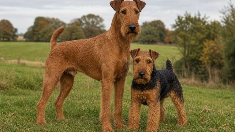 Tall red Irish Terrier standing beside a smaller black-and-tan Welsh Terrier