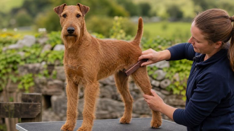 Irish Terrier being brushed on a grooming table
