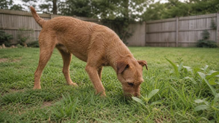 An Irish Terrier nosing through grass on a scent trail in a fenced yard