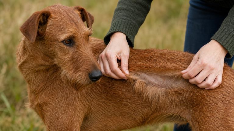 Close-up of an Irish Terrier's harsh red outer coat parted to show the softer undercoat