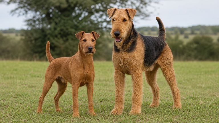 Irish Terrier standing next to an Airedale Terrier, showing the clear height difference